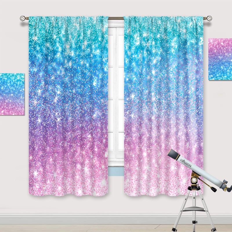 Cinbloo Girly Blue Purple Teal Curtains 42W x 63L Inch Rod Pocket Not Glitter Colorful Pink Spot Girls Bedroom Decor Ombre Turquoise Dots Mermaid Princess Living Room Window Drapes Fabric 2 Panel - Image 5